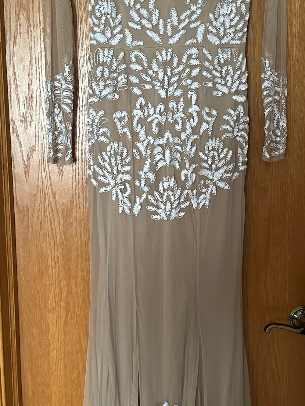 Beaded Nude Long Sleeve Evening Dress